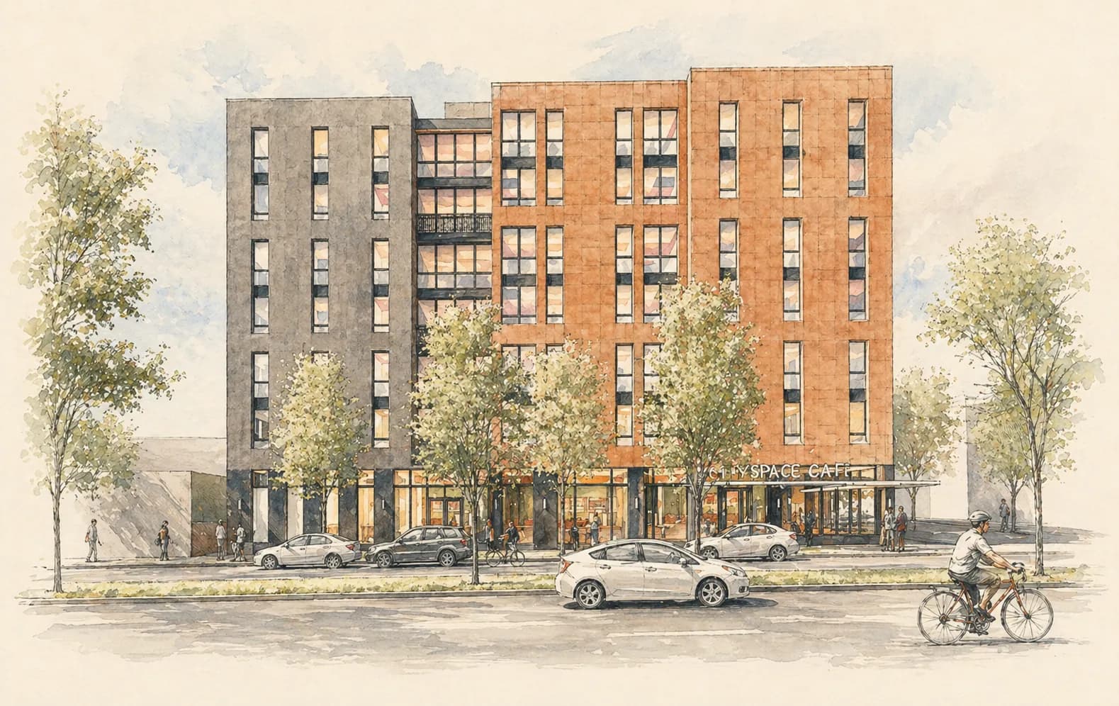 Watercolor rendering of Panoramic Northside, a six-story mixed-use mid-rise on Shattuck Avenue with brick and dark-stone volumes